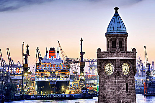 塔,码头,游轮,玛丽女王二世号,干船坞,船厂,背影,汉堡市,德国,欧洲