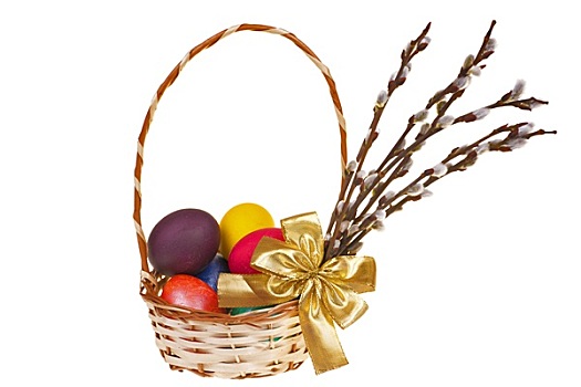 复活节,棕榈树,柔荑花,篮子,复活节彩蛋,隔绝,白色背景,背景