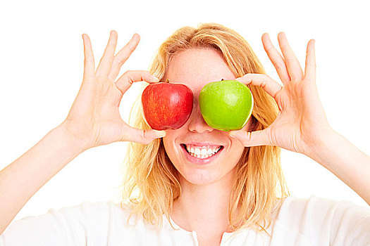 高兴,女人,拿着,两个,苹果,正面,眼睛
