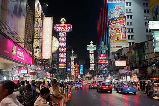 道路,夜晚,霓虹灯,唐人街,曼谷,泰国,亚洲