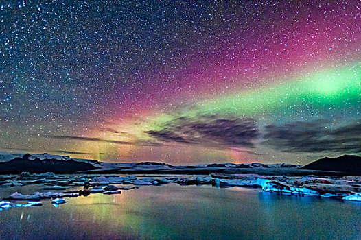 北极光,发光,上方,杰古沙龙湖,冰山,泻湖