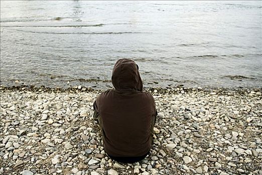 孤单,青少年,坐,莱茵河,河