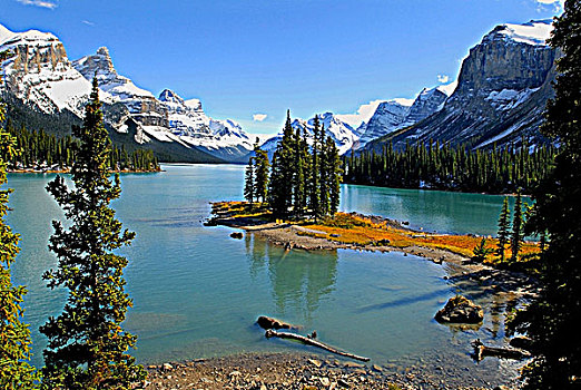 景色,湖,著名,岛屿,积雪,加拿大,落矶山,背景