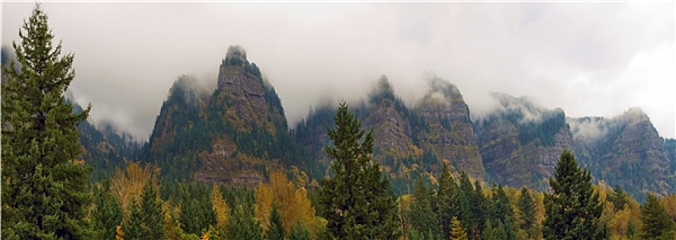 山,雾气,哥伦比亚河峡谷,秋天