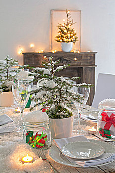 圣诞桌,装饰,人造,雪,小,冷杉,白色,瓷器,照亮,茶烛