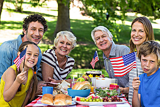 家庭,美国国旗,野餐,公园