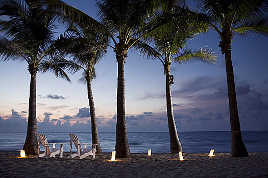 宽木躺椅,海滩,黄昏,劳德代尔堡,佛罗里达,美国
