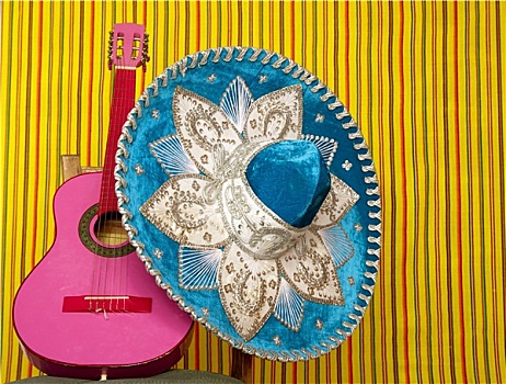 墨西哥流浪乐队艺人,刺绣,墨西哥,帽子,粉色,吉他