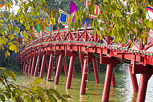 红色,桥,还剑湖,河内,越南,东南亚,亚洲