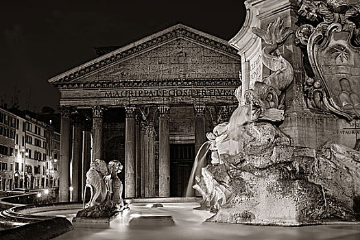 万神殿,夜晚,喷泉,一个,古老,罗马,建筑,意大利