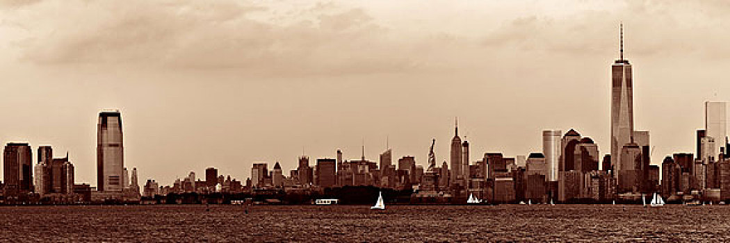曼哈顿,市区,天际线,城市,摩天大楼,上方,河
