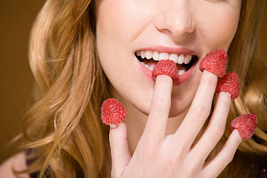 女人,吃,树莓