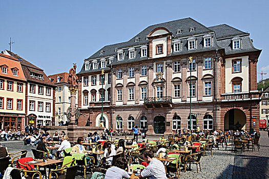 市政厅,喷泉,露天咖啡馆,市场,海德堡,巴登符腾堡,德国,欧洲