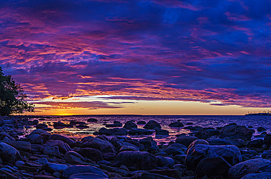 全景,石头,海岸,波罗的海,鲜明,日落,火红,云