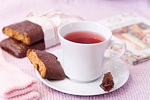 杯子,红色,茶,巧克力涂层,饼干