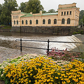 河,泵,房子,彩色,花,乌普萨拉,瑞典