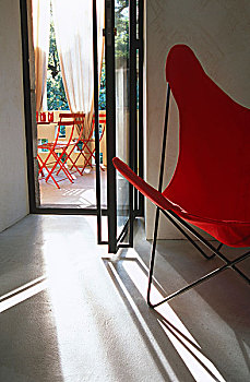 红色,蝴蝶,椅子,站立,打开,玻璃门