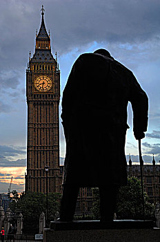 温斯顿,雕塑,剪影,背影,大,大本钟,黃昏,桥,街道,伦敦,英格兰,英国,欧洲