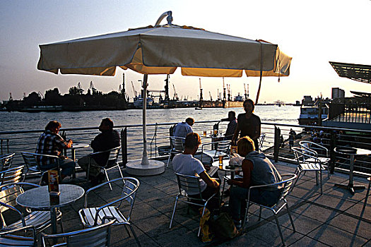 酒吧,咖啡,餐馆,平台,远眺,港口,汉堡市,河,靠近,码头,城市,德国,欧洲