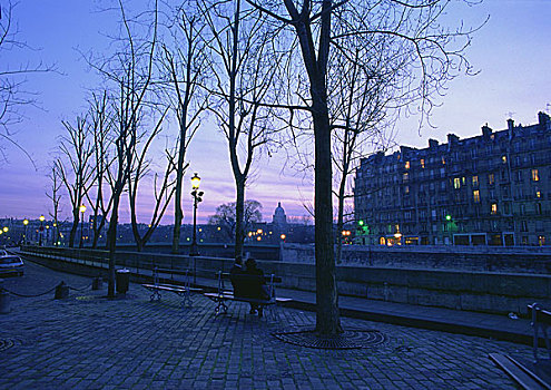 法国,巴黎,长椅,树,黄昏