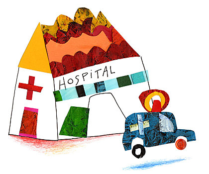 插画,医院,救护车,上方,白色背景