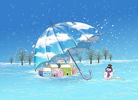 伞,雪人,房子