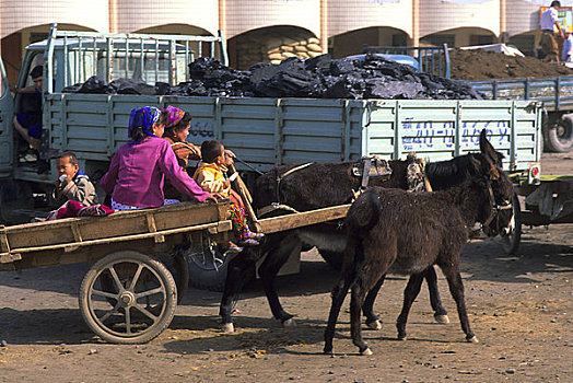 中国,新疆,吐鲁番,市场一景,女人,驴,手推车