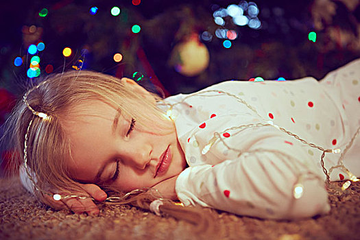 女孩,穿,光亮,睡觉,地板,圣诞节