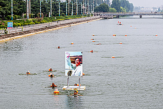 河南滑县,游泳爱好者在家乡小河纪念毛主席畅游长江51周年