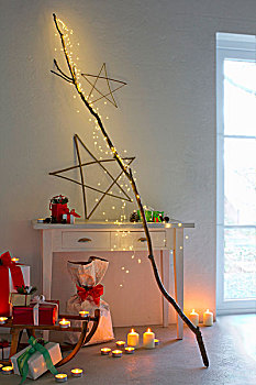 氛围,圣诞节,安放,led灯,亮灯,枝条,柳树,星,茶烛,蜡烛,礼物