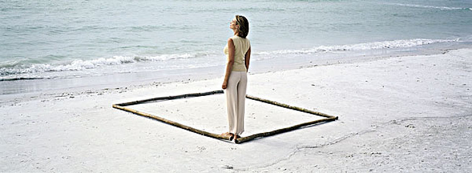 女人,站立,角,轮廓,海滩,长度,竹子