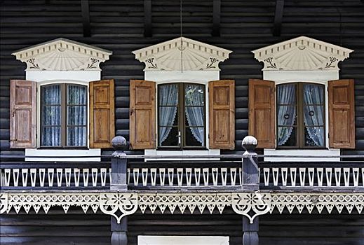 窗户,露台,漂亮,木质,雕刻,传统,俄罗斯,风格,波茨坦,勃兰登堡,德国,欧洲