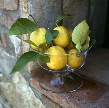 柠檬,叶子,玻璃,基座,碗