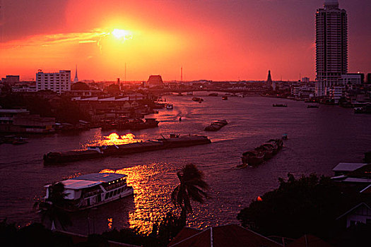 泰国,曼谷,驳船,日落