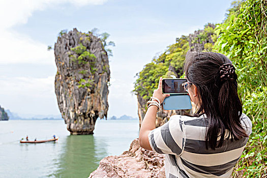女人,游客,拍摄,自然,风景,手机