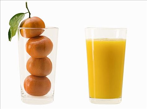 两个,玻璃杯,一个,橘子,橙汁