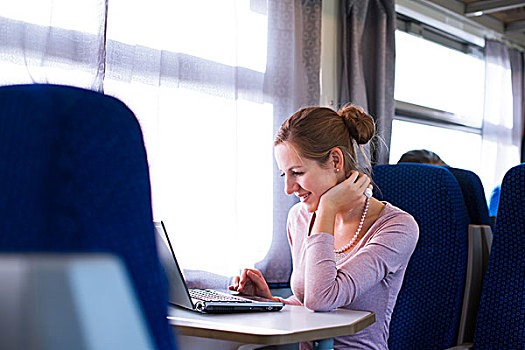 美女,笔记本电脑,列车
