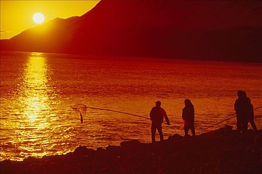 男人,捕鱼,日落,特纳甘湾,阿拉斯加