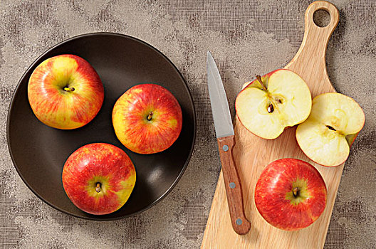 俯视,苹果,盘子,案板,刀,一个
