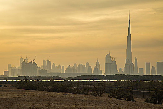 风景,哈利法,城市天际线,黎明,迪拜