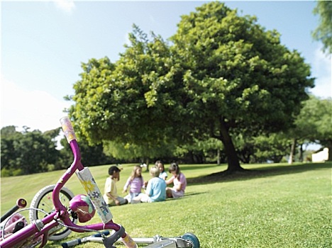 一群孩子,7-9岁,坐,草,公园,自行车,前景