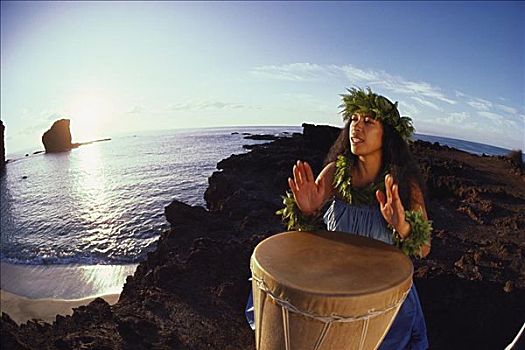 夏威夷,爱人,石头,草裙舞,打鼓,日出