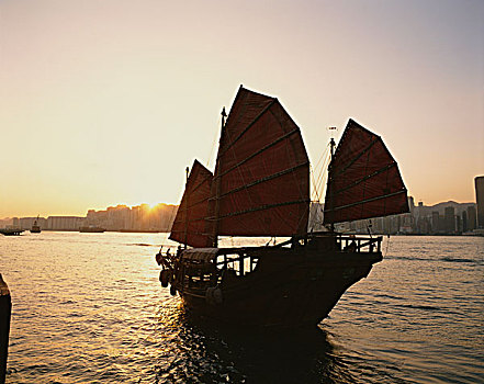 中国,香港,航行,帆船,日出