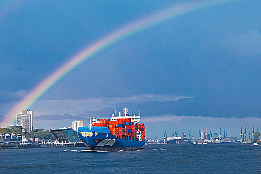 彩虹,上方,集装箱,汉堡市,港口
