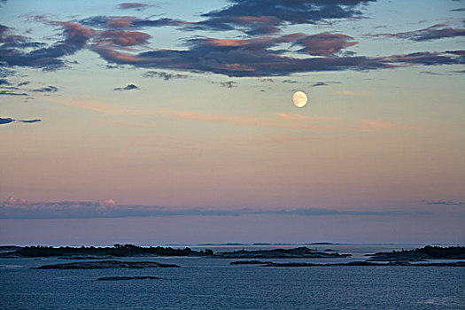 水系,岛屿,满月,日落,斯德哥尔摩,瑞典