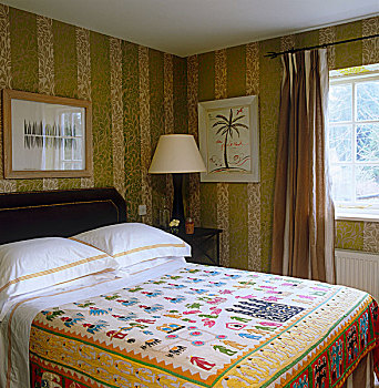 客房,彩色,嵌花,床罩,条纹,壁纸,植物