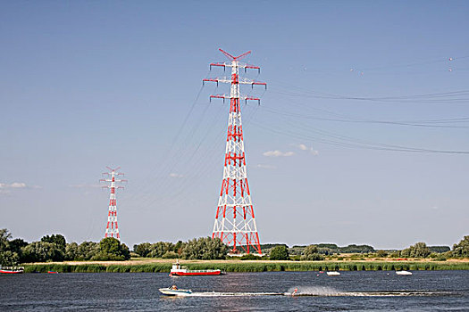 电力,高压电塔,靠近,赛跑场,线条,河,下萨克森,德国,欧洲