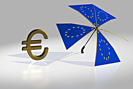 欧元符号,旁侧,损坏,伞,欧盟,星,象征,欧元,救助,包装,插画