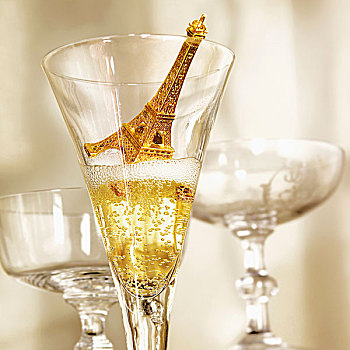 小,埃菲尔铁塔,玻璃杯,香槟