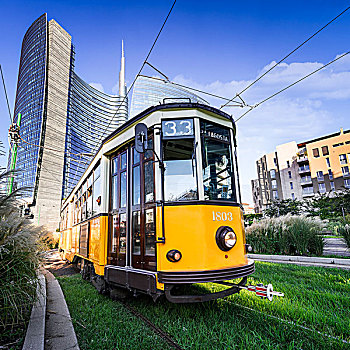 旧式,有轨电车,米兰,街道,意大利